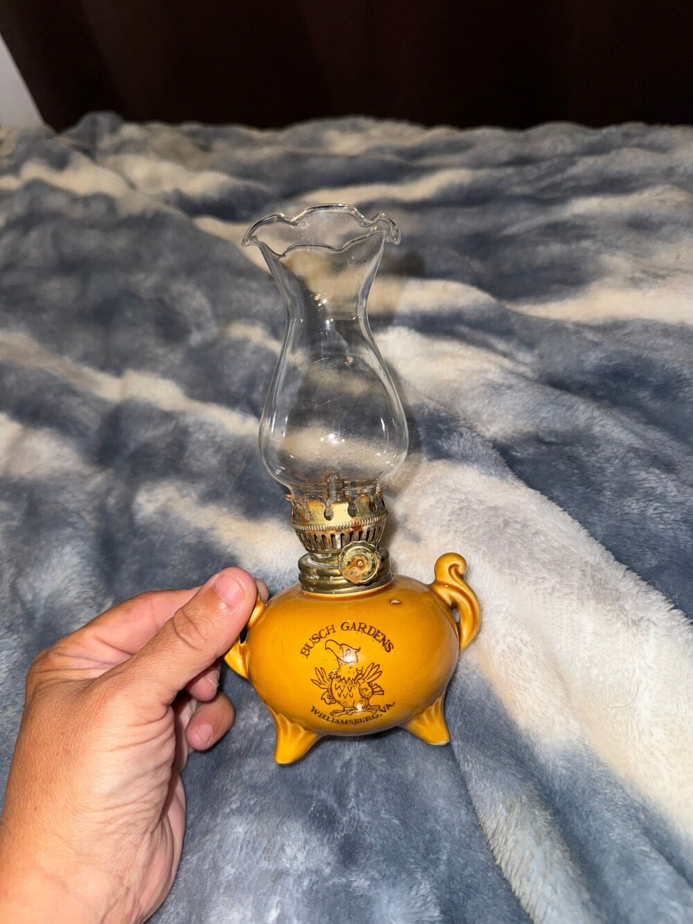 Busch Gardens Vintage Yellow Ceramic Oil Lamp with Glass Chimney